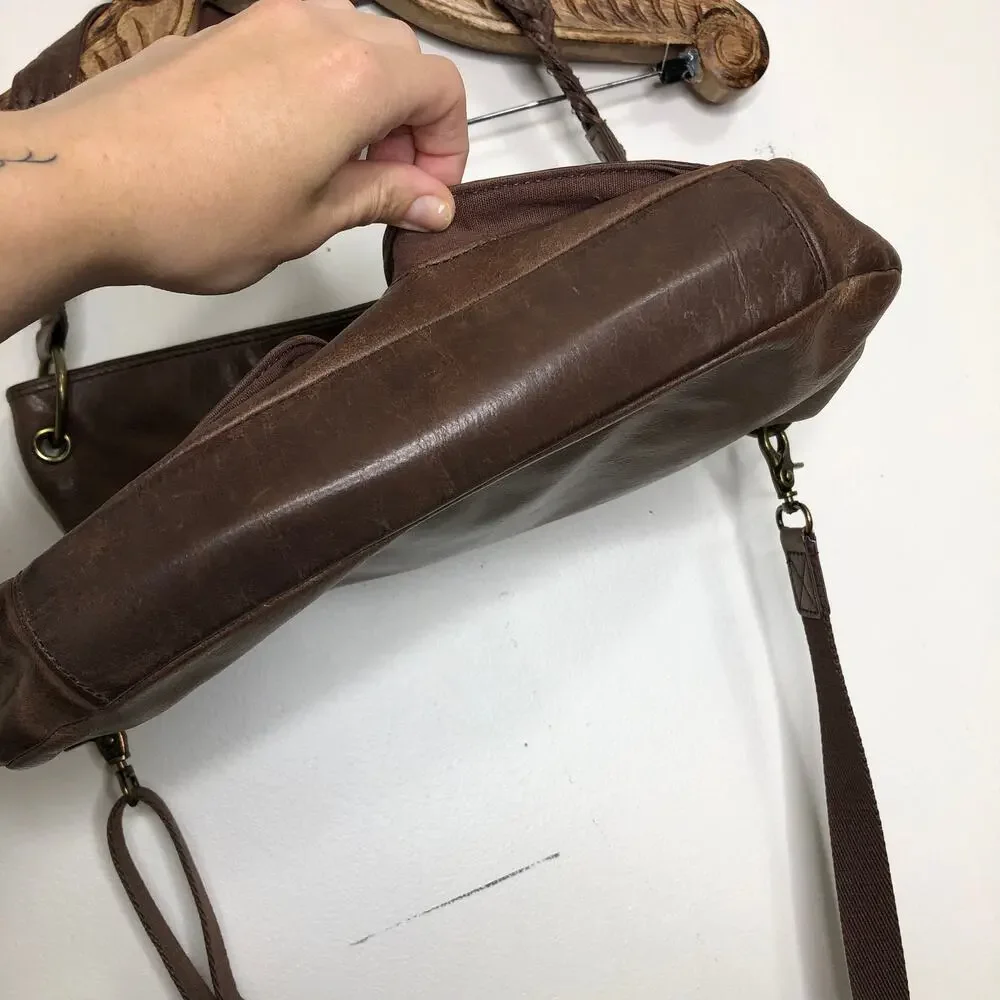 The Sak Purse Leather Satchel Brown Patina Shoulder Crossbody Strap Zip Pockets